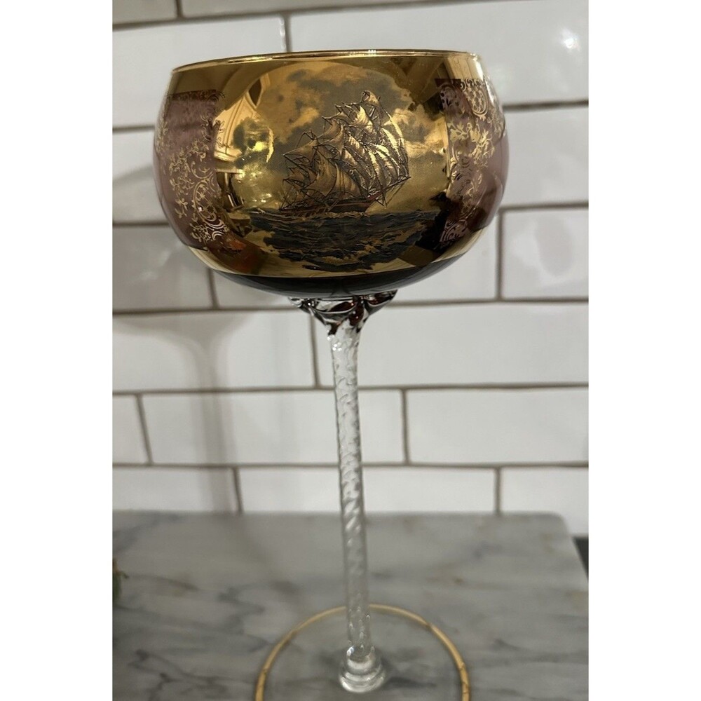 Vintage Italian Large Murano 22k Gold Clipper Ship Amethyst Gold Crystal Goblet